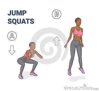 Jump Squats Home Workout Black Girl Exercise Guidance. Young African American Woman in Sportswear. Vector Illustration