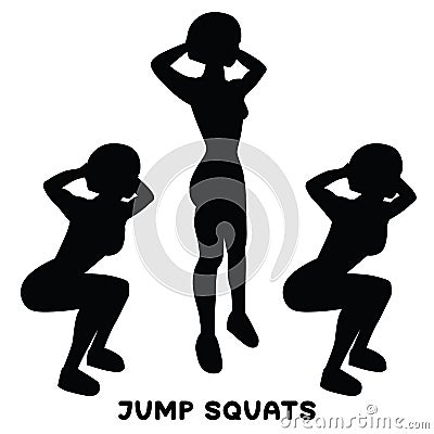 Jump squats. Squat. Sport exersice. Silhouettes of woman doing exercise. Workout, training Cartoon Illustration
