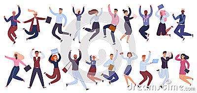 Jumping business people. Happy businessman, office workers jumped together, success celebration colleagues isolated Vector Illustration