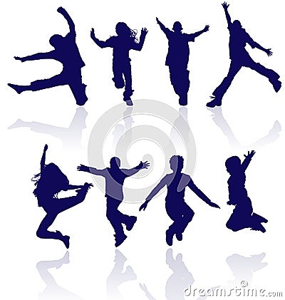 Kids dancing jumping group happy school children active running playing kid child silhouettes fun sport party jumps jump dance boy Vector Illustration