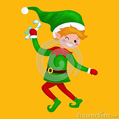 Jumping Christmas elf isolated with sweets in a green suit with, assistant of Santa Claus, boy helper holding candy for Vector Illustration