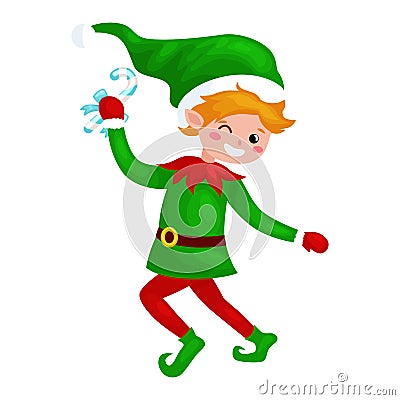 Jumping Christmas elf isolated with sweets in a green suit with, assistant of Santa Claus, boy helper holding candy for Vector Illustration