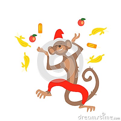 Jumping Christmas Monkey with Confetti Fruit. Vector Vector Illustration