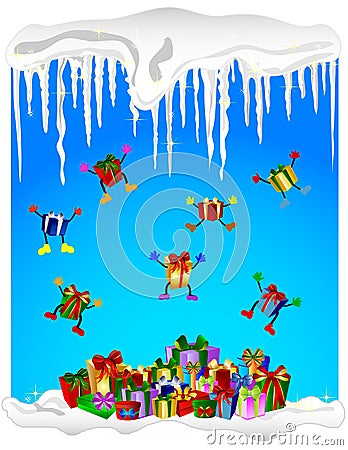 Jumping christmas presents - cold winter Stock Photo