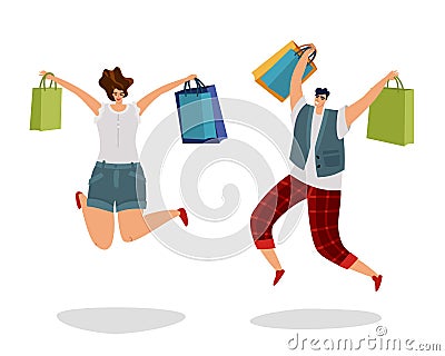 Jumping customers with gift bags. Happy shopping people. Fashion byer boy and girl for sale or discount advertising. Man Vector Illustration