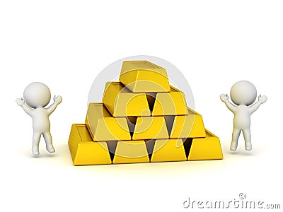 Jumping 3D Characters and Stack of Large Gold Bars Stock Photo