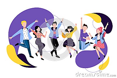 Jumping and dancing happy people. Vector flat illustration. Friends have a party. Young men and women cartoon characters Vector Illustration