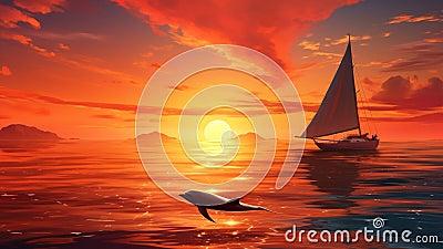 the jumping dolphin enjoys the sunset Stock Photo