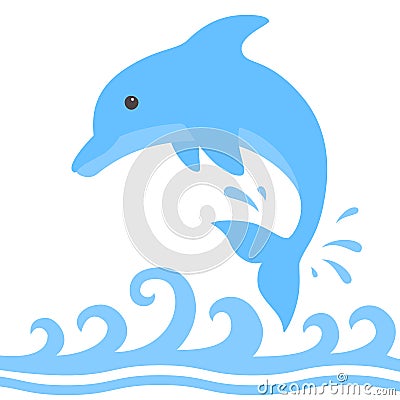 Jumping dolphin and a splash of water. Cute blue dolphin with sea wave in cartoon style. Vector illustration for swimming pool bro Vector Illustration