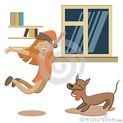 Jumping with excitement little girl and dog standing behind Vector Illustration