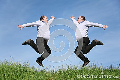 Jumping fat twins on grass collage Stock Photo