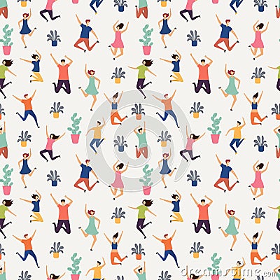 Jumping and flying people seamless pattern. Plants and happy humans vector texture Vector Illustration