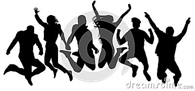 Jumping friends youth background. People jump vector silhouette. Cheerful man and woman isolated. Crowd jumping people Vector Illustration