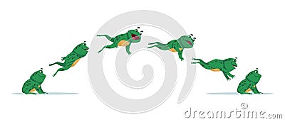 Jumping frog. Cartoon animation sequence with amphibian movement. Side view of aquatic animal jump process. Isolated Vector Illustration