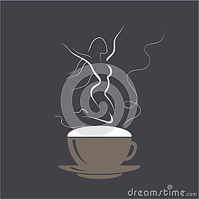 Jumping girl on cappuccino foam. Coffee cup with dancing wonan dancer. Vector illustration logo eps10 Cartoon Illustration