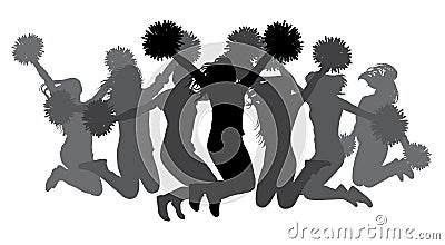 Jumping girls with pom-poms. Silhouettes of cheerleaders. Vector illustration Vector Illustration