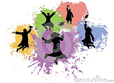 Jumping graduates student in mantles and academic square caps, silhouettes of background of colorful blots. Vector illustration Vector Illustration