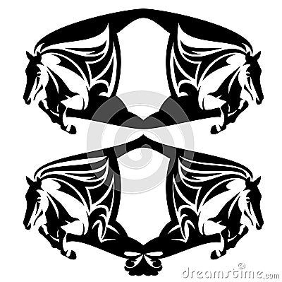 Jumping horses black and white vector heraldic design set Vector Illustration