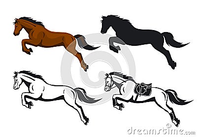 Jumping Horses Set in color, silhouette and contoured Vector Illustration