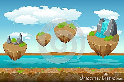 Jumping islands game pattern, the river bottom and cloudy sky on top. Unending background Vector Illustration