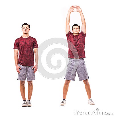 Jumping Jacks. Young man doing sport exercise. Stock Photo