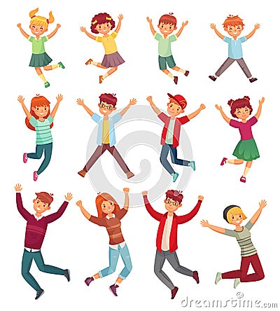 Jumping kids. Excited childrens jump, happy jumped teenagers and smiling child jumps cartoon vector illustration set Vector Illustration