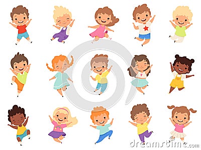 Jumping kids. Happy funny children playing and jumping in different action poses education little team vector characters Vector Illustration