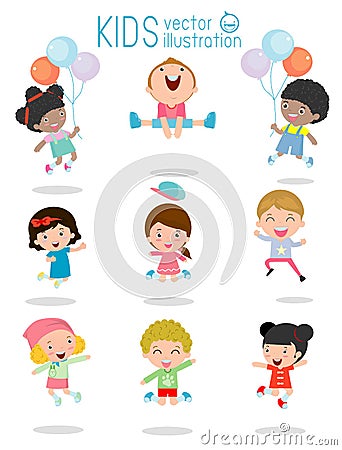 Jumping kids, Multi-ethnic children jumping, Kids jumping with joy , happy jumping kids, happy cartoon child playing, Kids playing Vector Illustration
