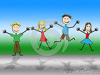 Jumping Kids Represents Green Grass And Reflection Stock Photo