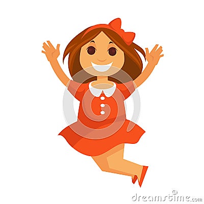 Jumping little girl with smile in red dress solated Vector Illustration