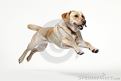 Jumping Moment, Labrador Retriever Dog On White Background Stock Photo