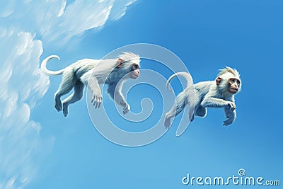 Jumping Moment, Two Mandrillus On Sky Blue Background Stock Photo