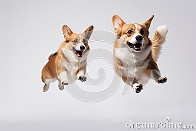 Jumping Moment, Two Welsh Corgi Dogs On White Background Stock Photo