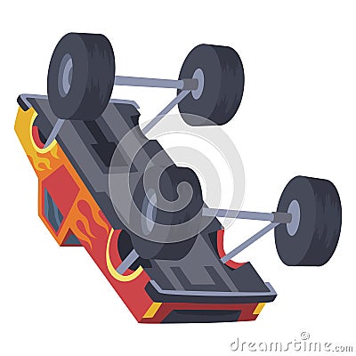 Jumping monster truck show. Bright colorful cartoon auto with big wheels. Car with large tires for rally 4x4 computer or Vector Illustration