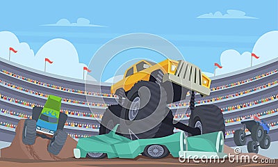 Jumping monster truck. Sport car with big wheels on arena aggressive adult game speed transport exact vector cartoon Vector Illustration