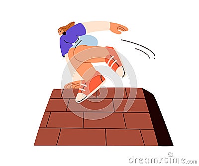 Jumping over wall barrier, overcoming obstacle. Risk, challenge, hurdle on way. Brave courageous ambitious girl during Vector Illustration