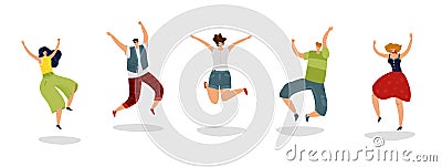Jumping people. Energetic excited guy jump friends rejoice group teens crowd young happy students happiness flat concept Vector Illustration