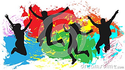 Jumping people friends silhouette, colorful bright ink splashes background. Vector Illustration