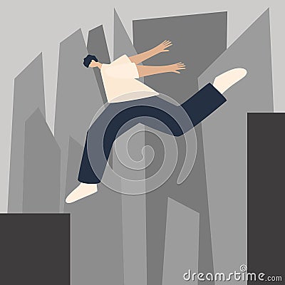 Free running Jumping on rooftops. Parkour in urban space Vector Illustration