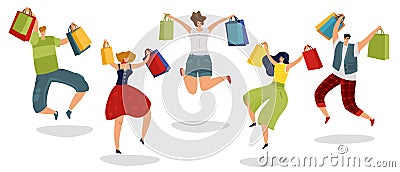 Jumping shopping people. Happy customers with gift bags supermarket men women shoppers in jump vector isolated concept Vector Illustration