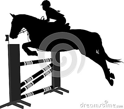 Jumping show.equestrian sport horse with jockey jumping a hurdle silhouette Vector Illustration