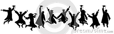 Jumping silhouettes of graduates in square academic caps and mantles, icons. Vector illustration Vector Illustration