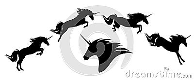Jumping unicorn horse black vector silhouette set with motion phases Vector Illustration