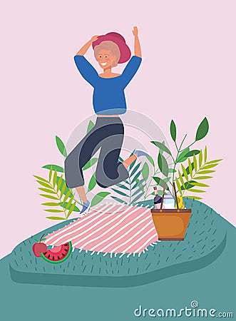 Jumping woman blanket basket fruits picnic plants Vector Illustration