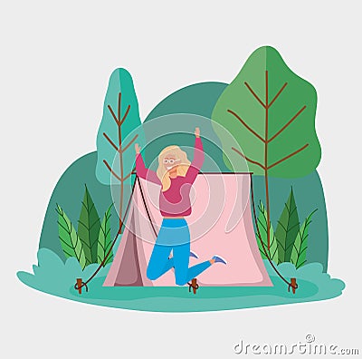 Jumping woman tent camping picnic forest Vector Illustration