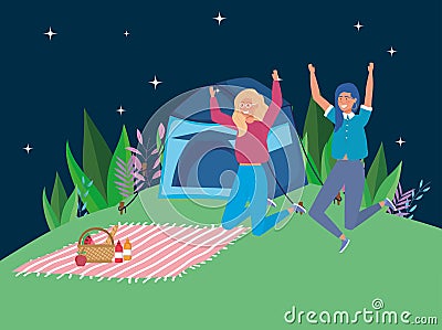 Jumping women tent blanket camping picnic night scene Vector Illustration