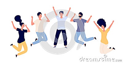 Jumping young happy people. Man and woman teenagers celebrating jump, flying persons in air. Flat vector characters Vector Illustration