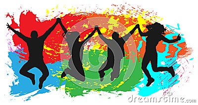 Jumping youth on colorful background. Jumps of cheerful young people, friends Vector Illustration