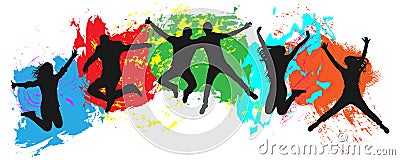 Jumping youth on colorful background. Jumps of cheerful young people, friends. Vector Illustration