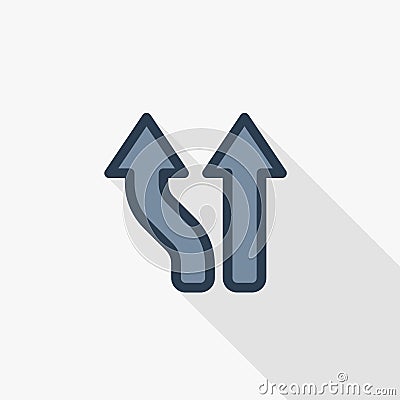 Junction, Separation, Two paths, ways thin line flat color icon. Linear vector symbol. Colorful long shadow design. Vector Illustration